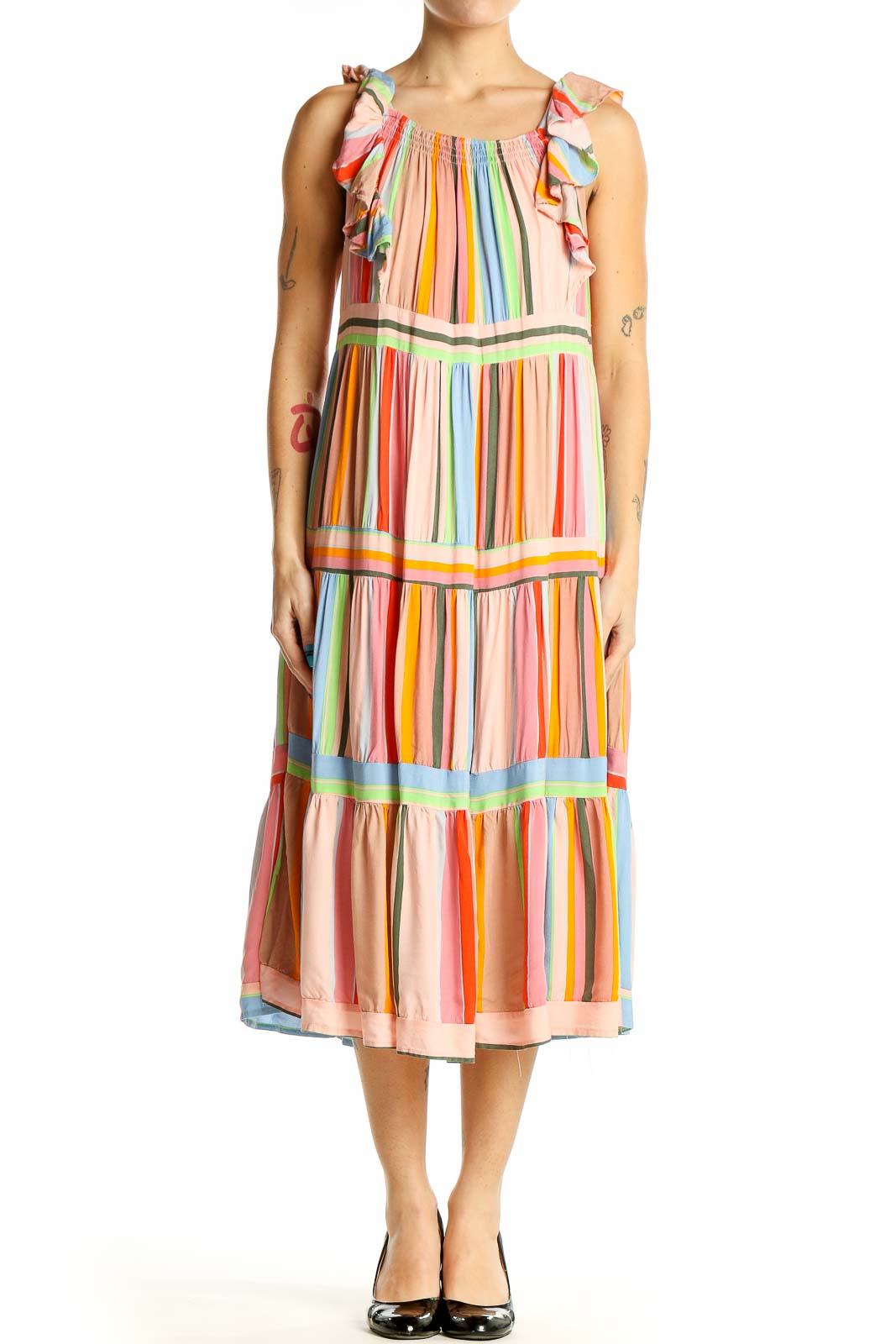 Multicolor Striped Tiered Midi Dress Front