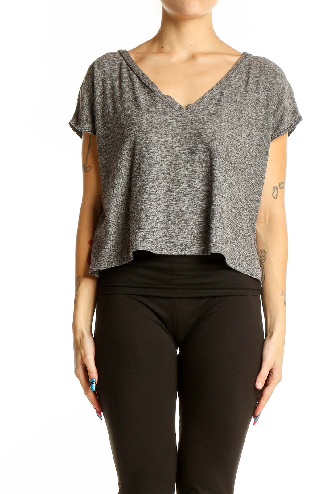 Gray V-Neck Cropped Athletic Top Front