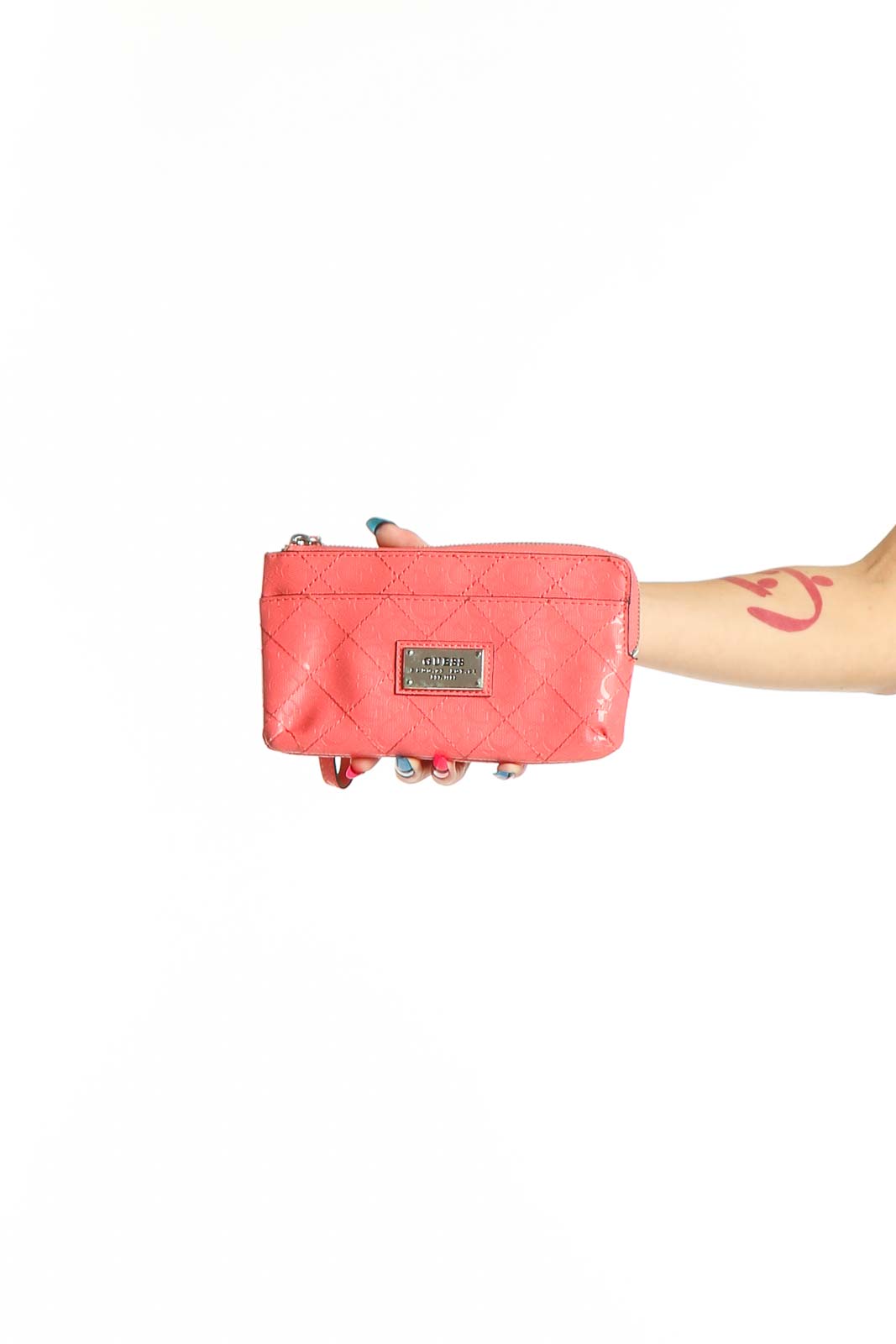 Coral Quilted Zip Clutch Front