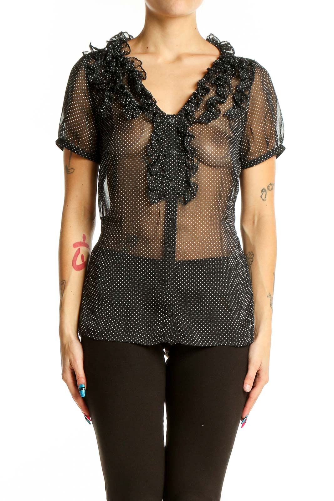 Black Sheer Polka Dot Ruffle Blouse Front