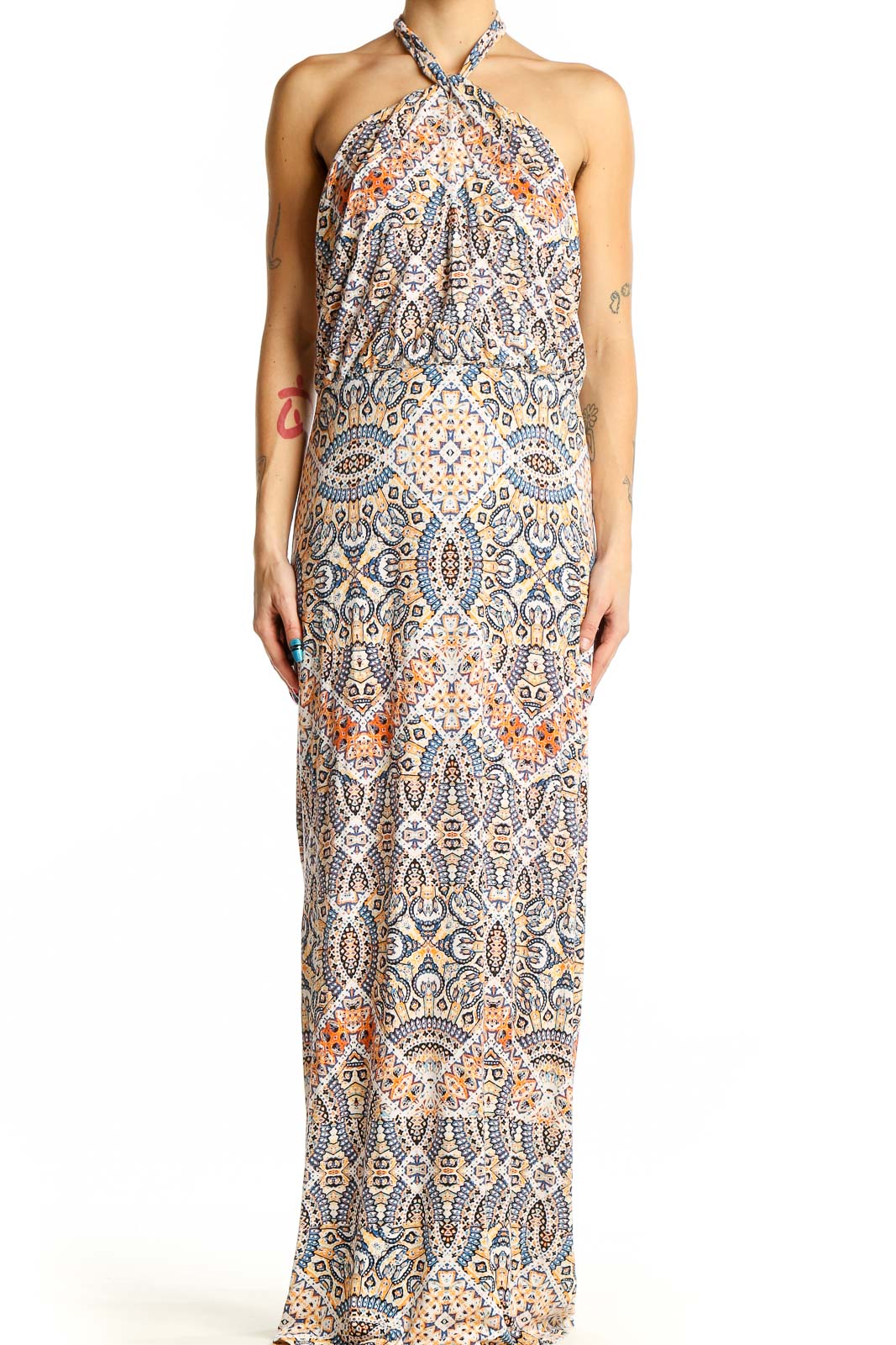Blue Paisley Halter Maxi Dress Front