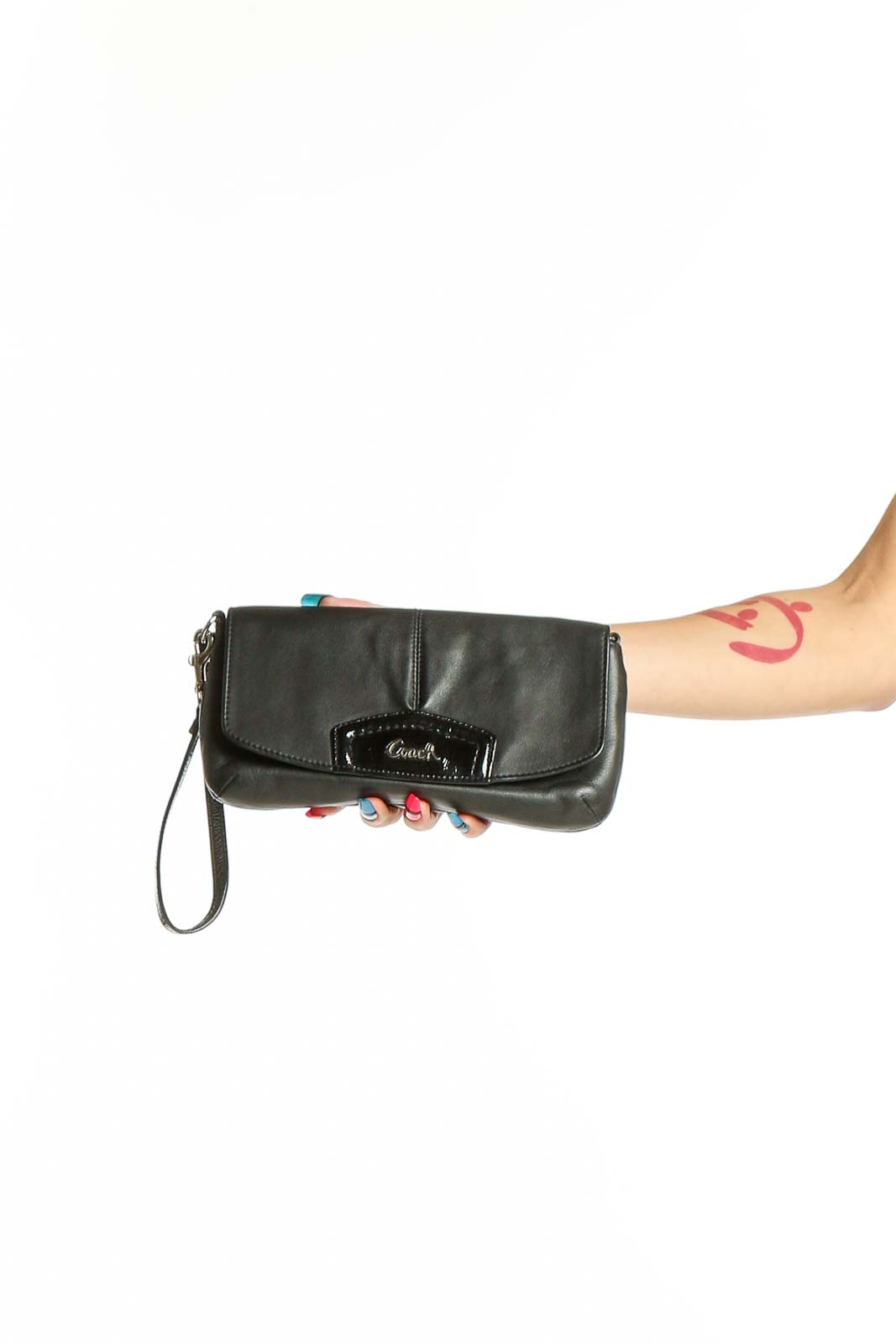 Black Leather Wristlet Clutch Front