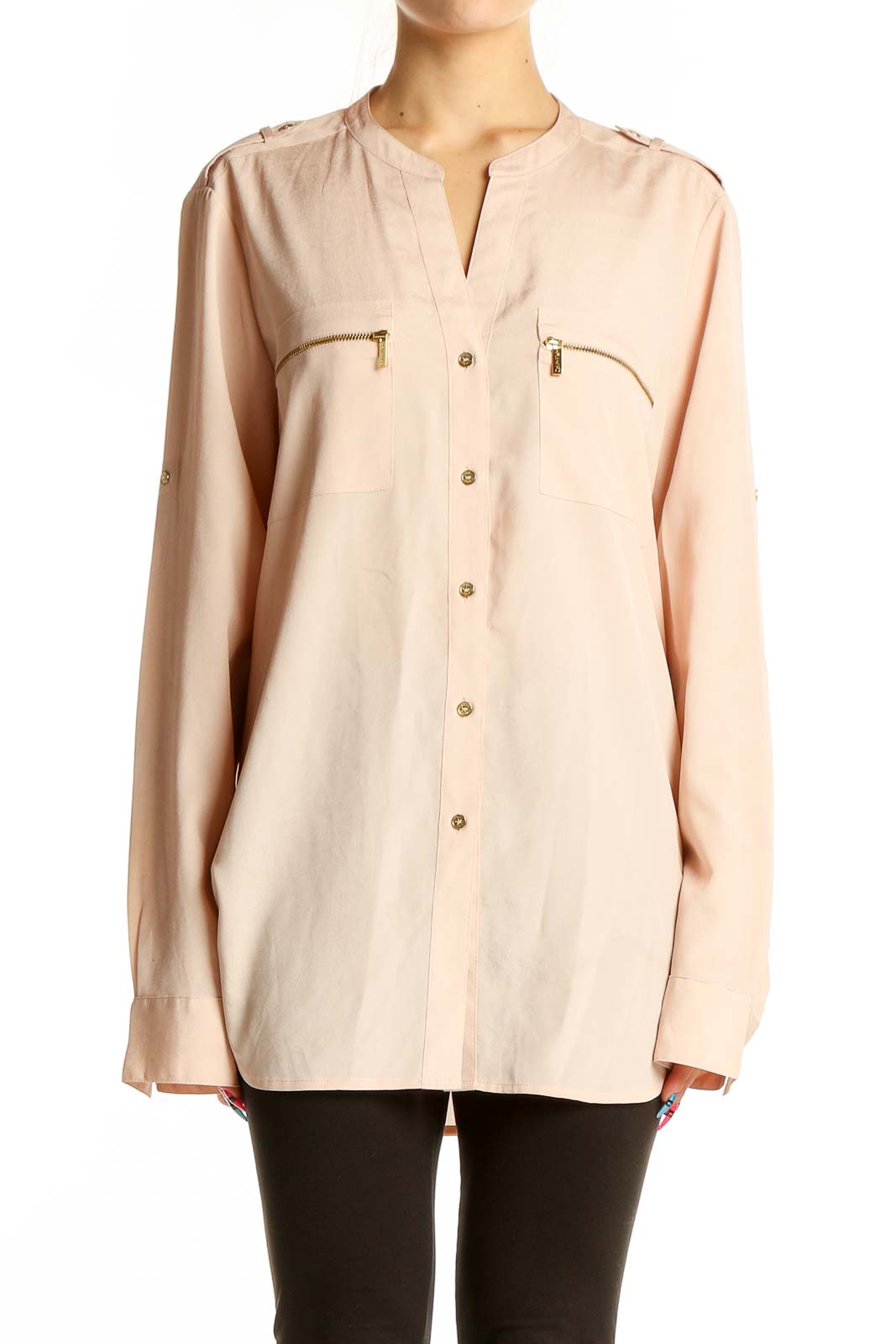 Blush Button-Up Long Sleeve Blouse Front