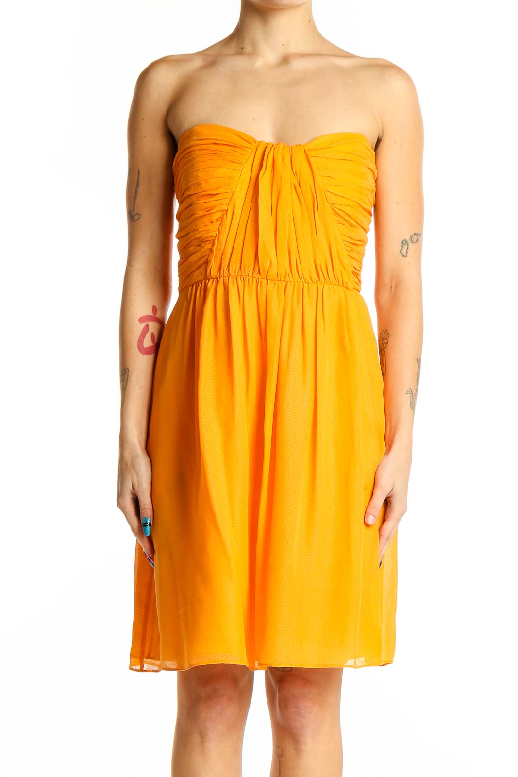 Yellow Strapless Ruched Cocktail Dress Front