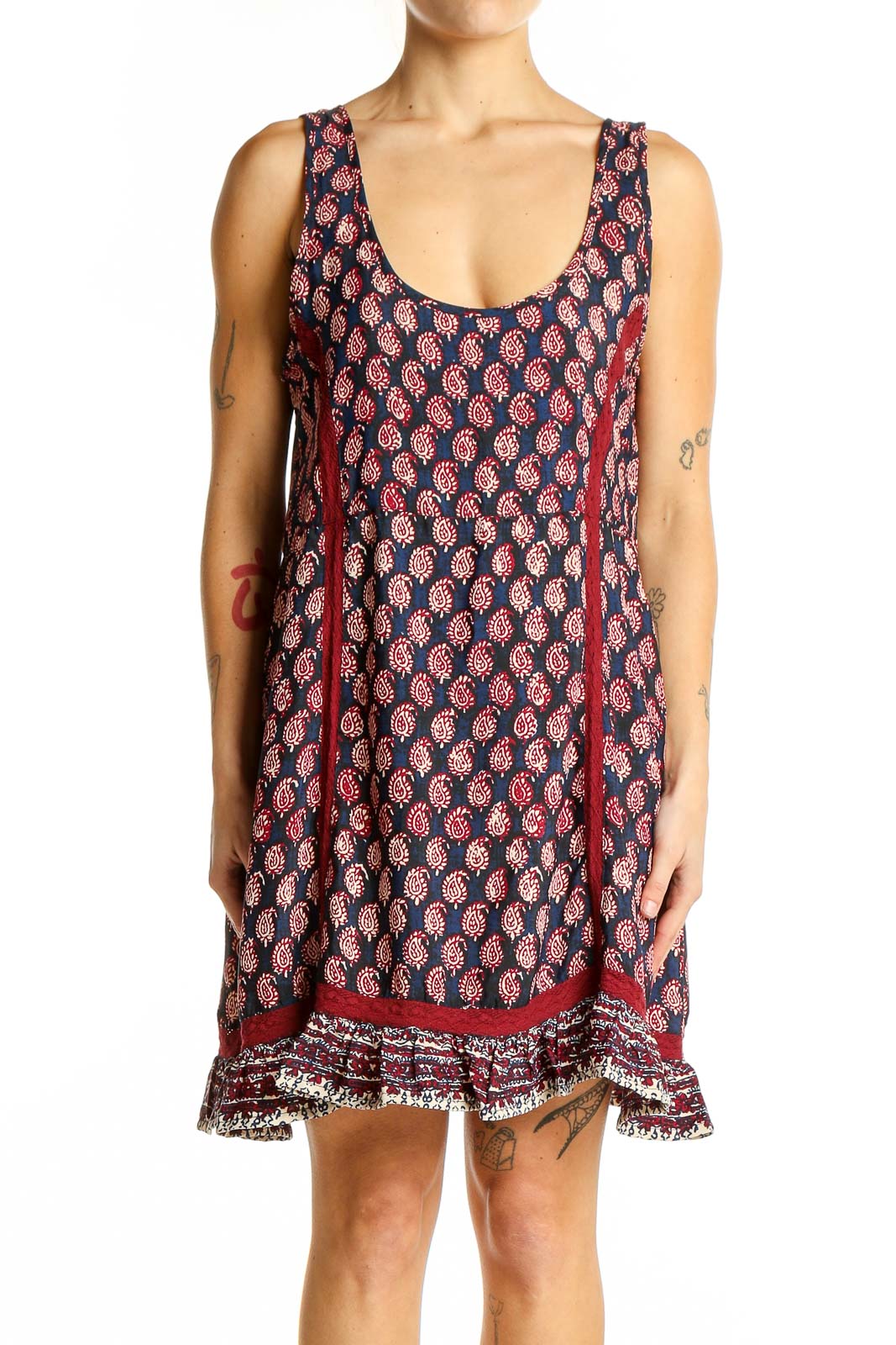 Navy Paisley Print Sleeveless Mini Dress Front