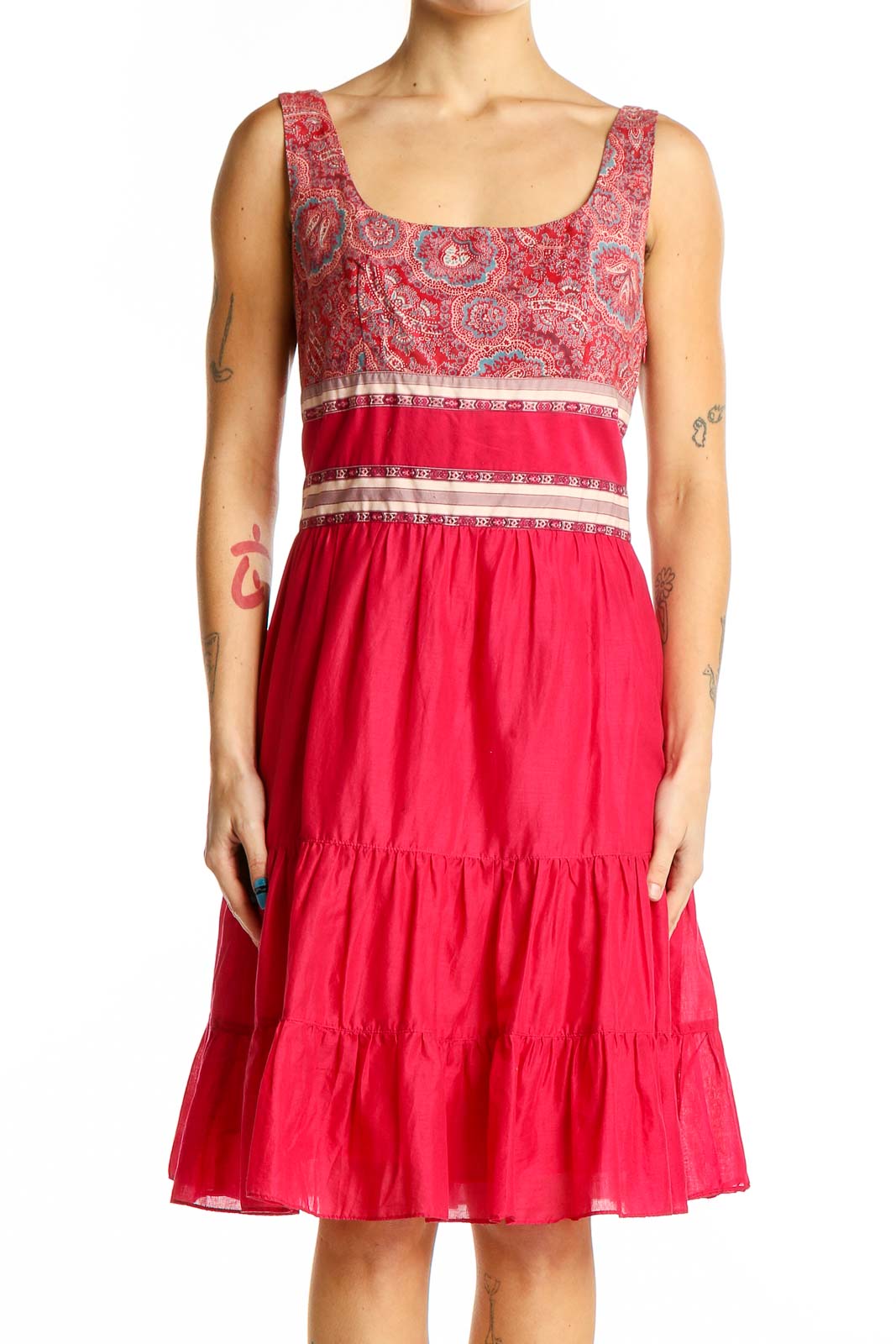 Red Paisley Cotton Sleeveless Sundress Front