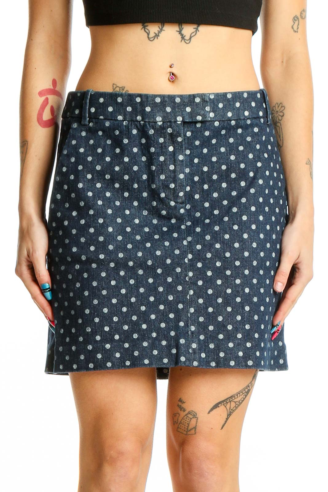 Navy Polka Dot Cotton Blend Skirt Front