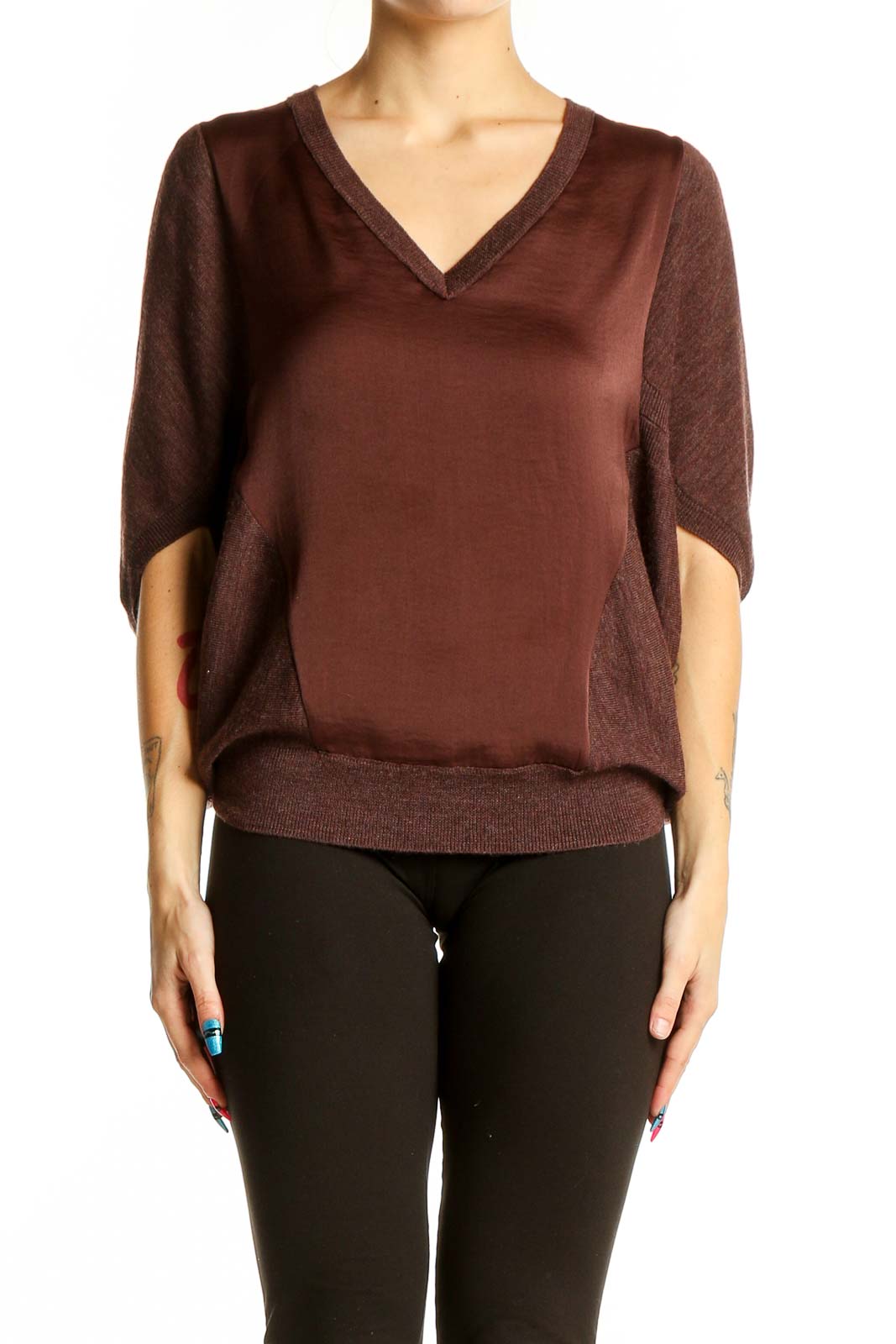 Brown V-Neck Dolman Sleeve Blouse Front