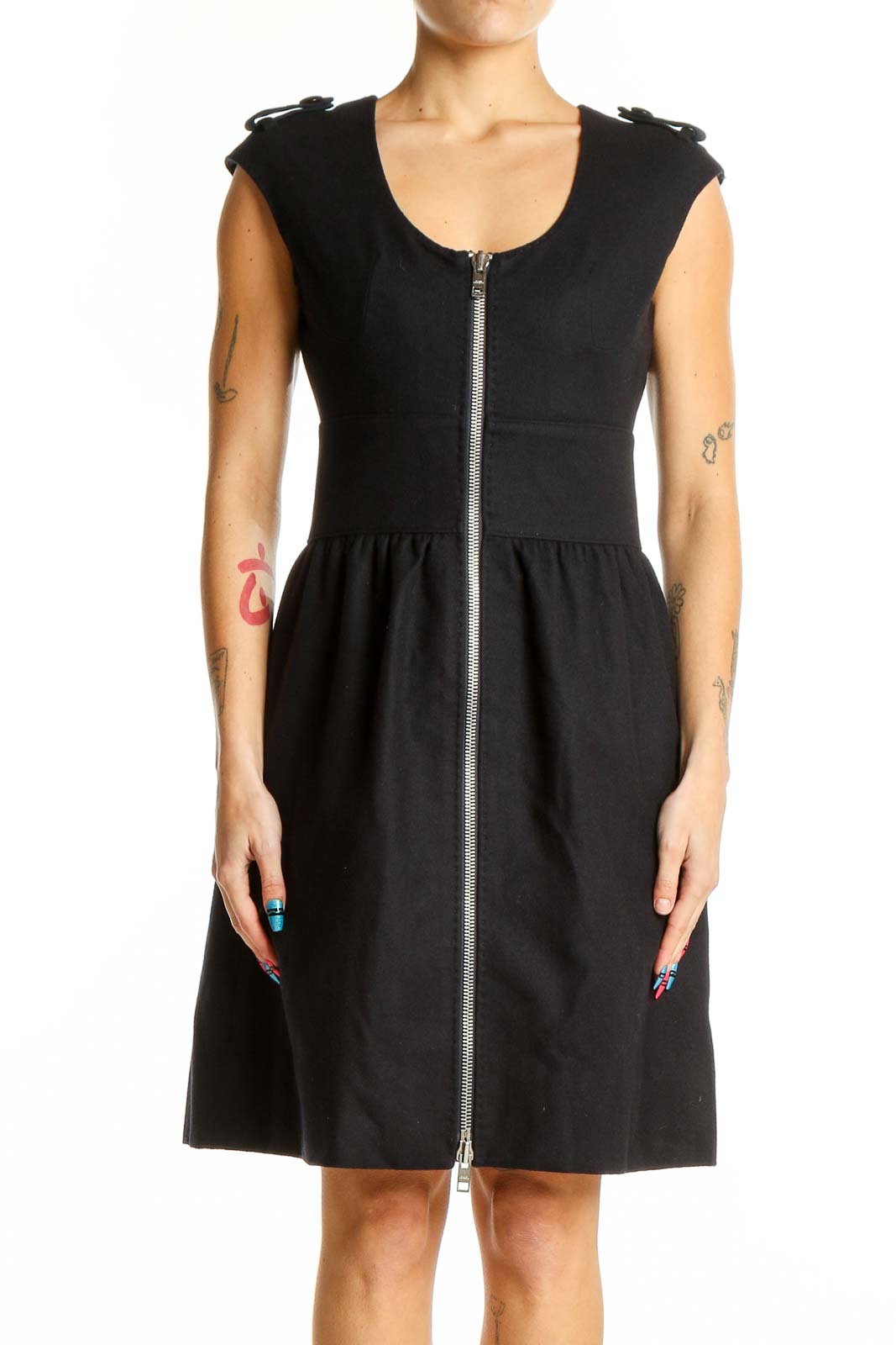 Black Zip-Front Fit-and-Flare Dress Front