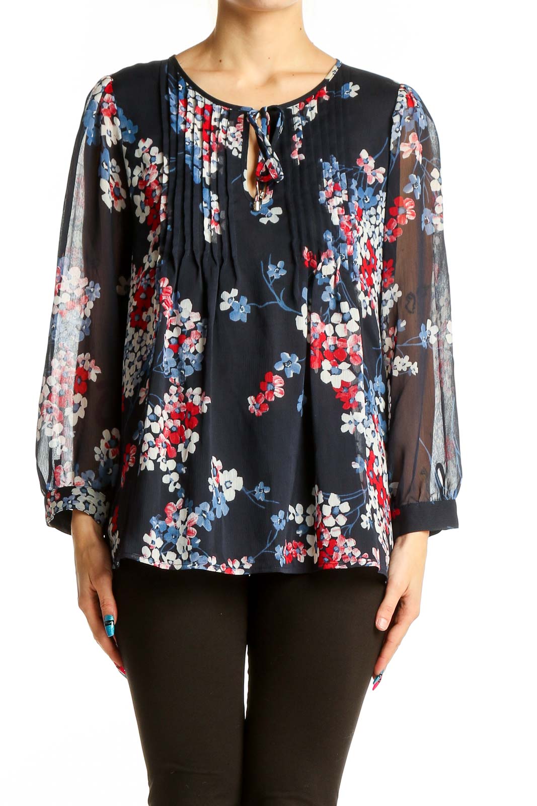 Navy Floral Print Sheer Blouse Front