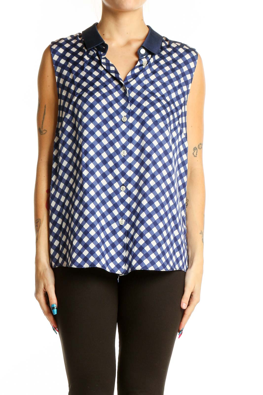 Blue and White Gingham Sleeveless Button-Up Top Front