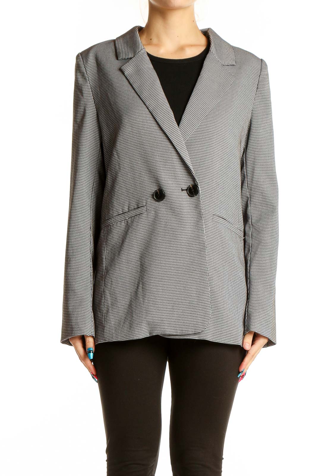 Gray Houndstooth Double-Breasted Blazer Front