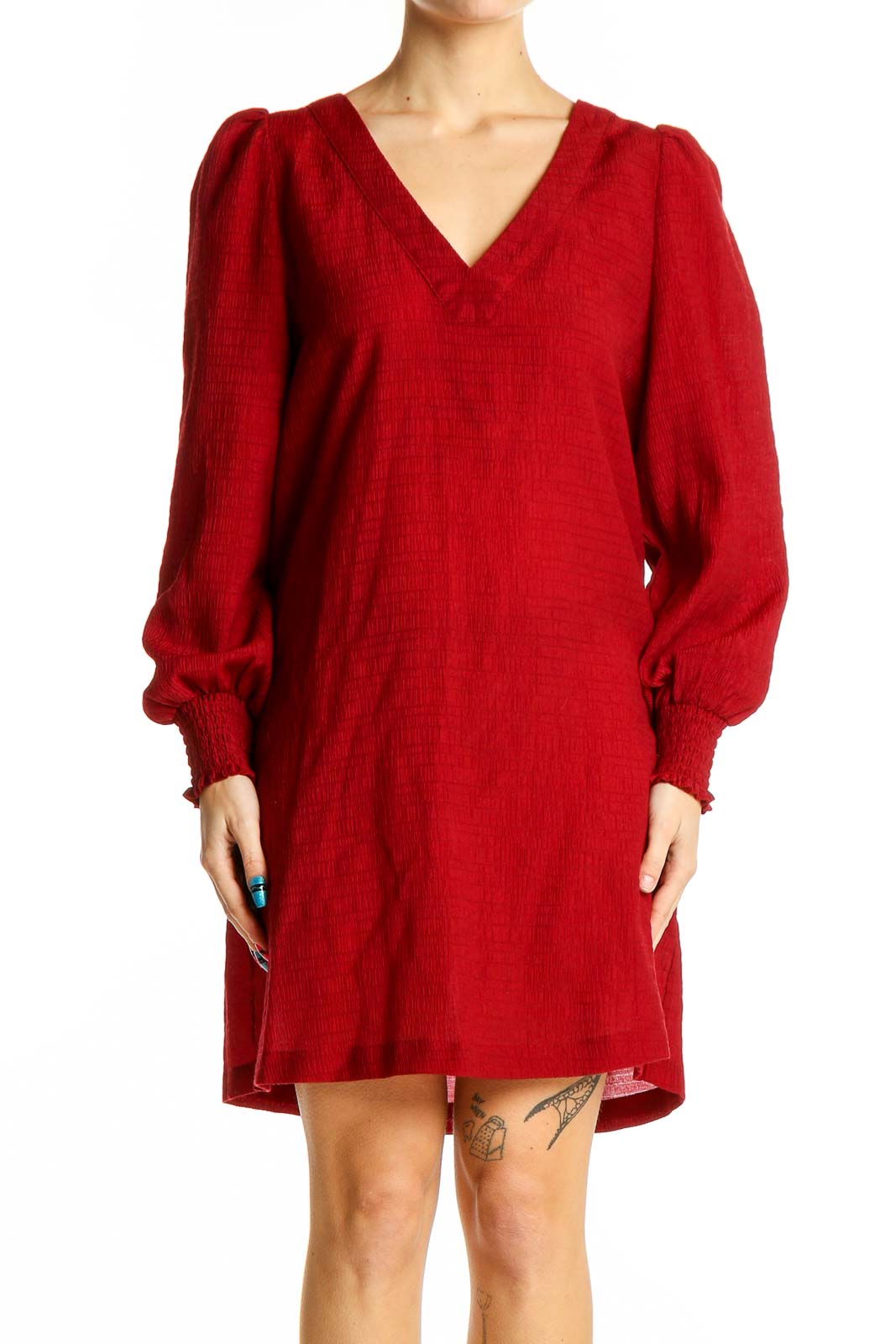 Red V-Neck Puff Sleeve Mini Dress Front