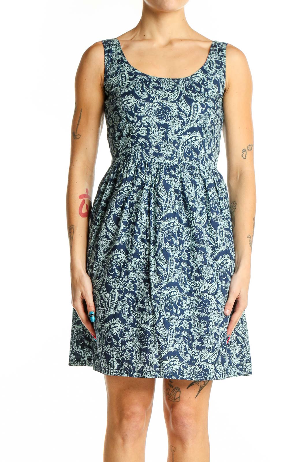 Blue Paisley Cotton Sleeveless Dress Front