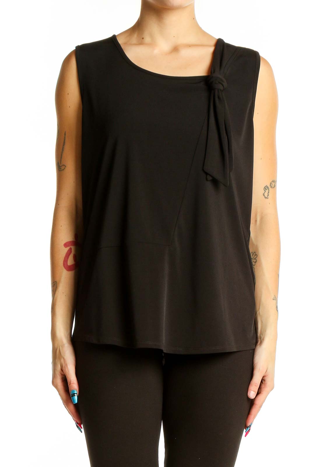 Black Sleeveless Knot-Detail Top Front