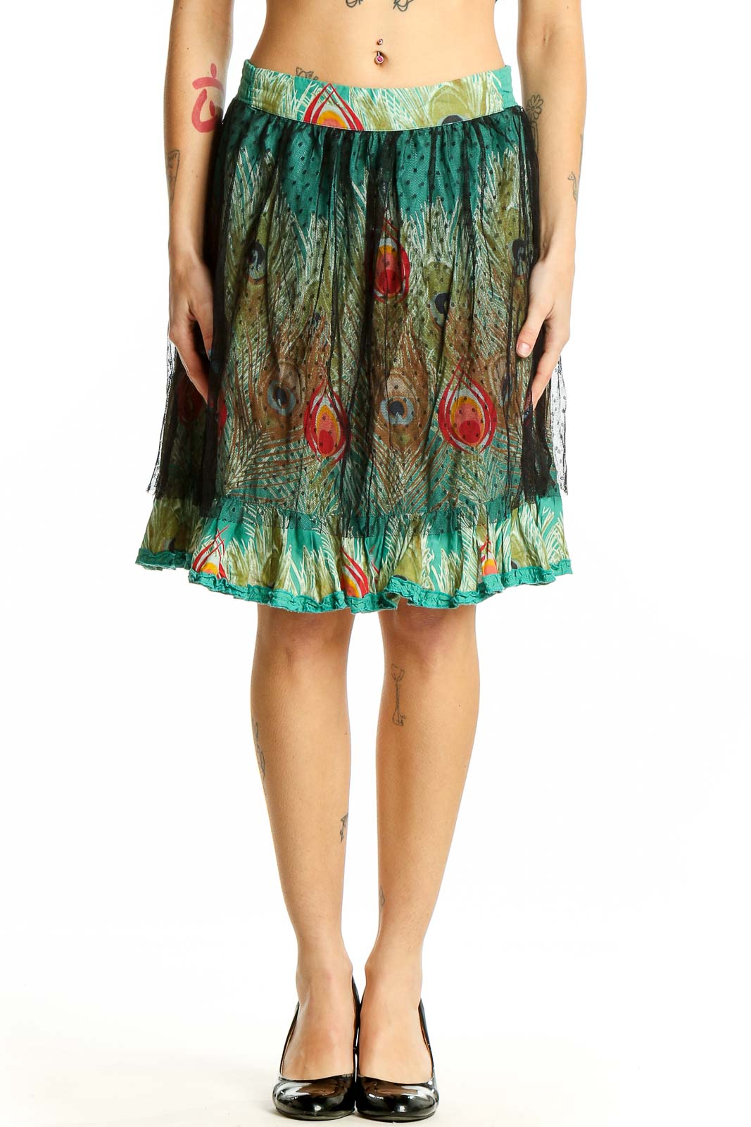 Teal Peacock Feather Print Tulle Skirt Front