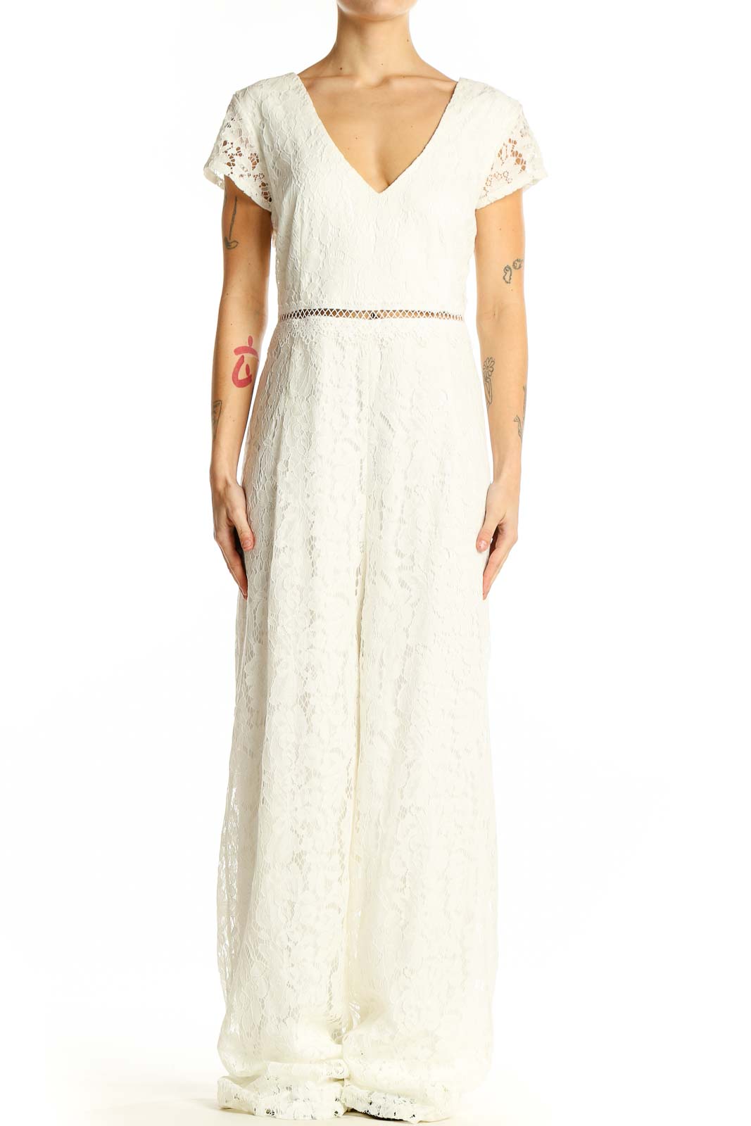 White Lace V-Neck Wide-Leg Jumpsuit Front