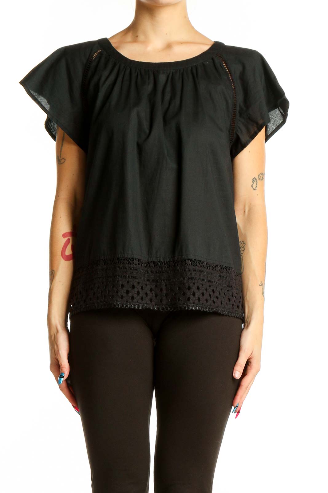 Black Flowy Eyelet Trim Top Front