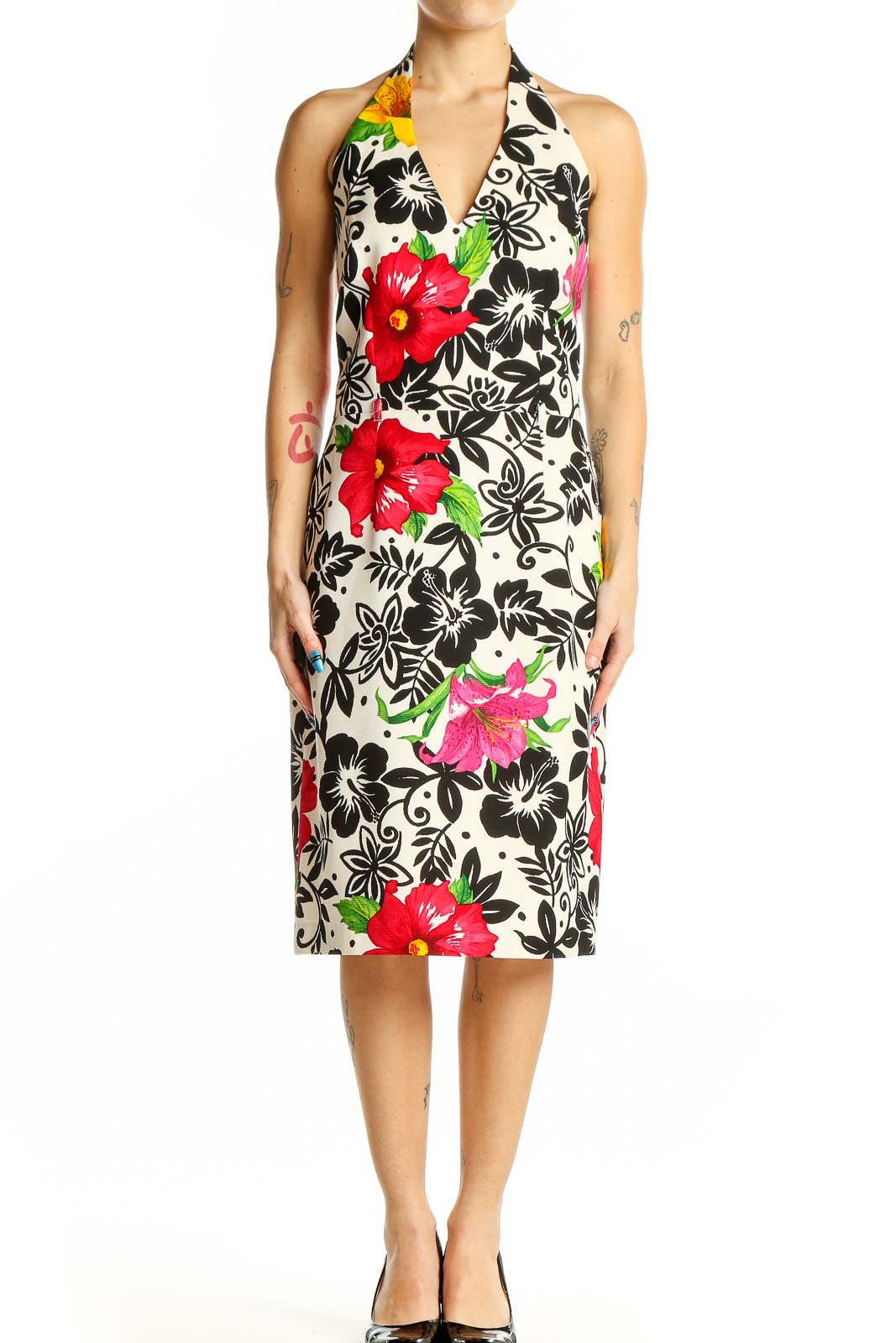 Black and White Floral Halter Dress Front