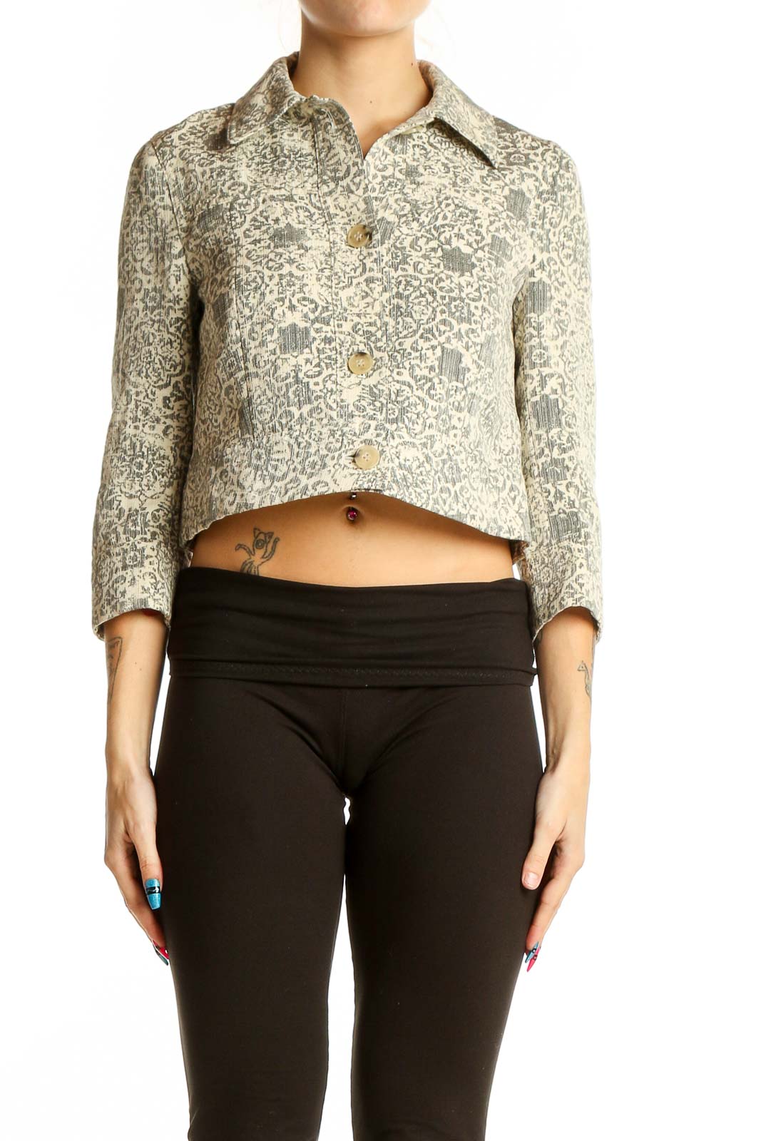 Beige Floral Cropped Button-Up Jacket Front