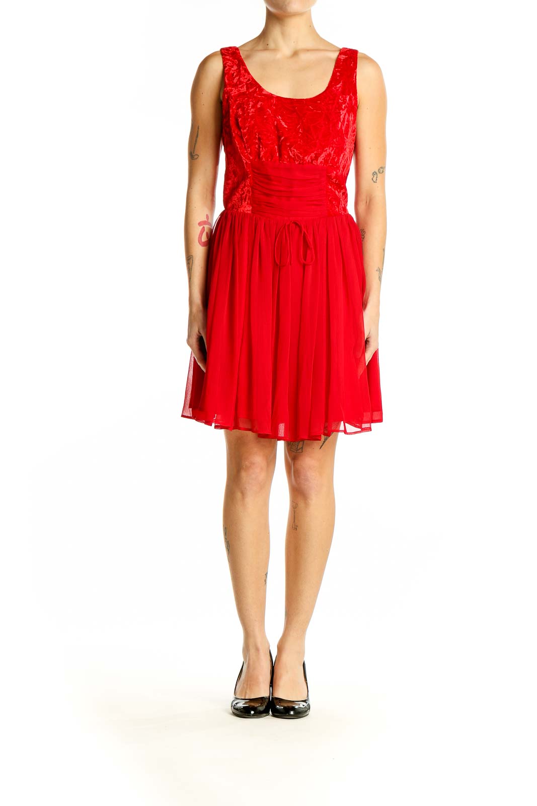 Red Lace Bodice Chiffon Cocktail Dress Front