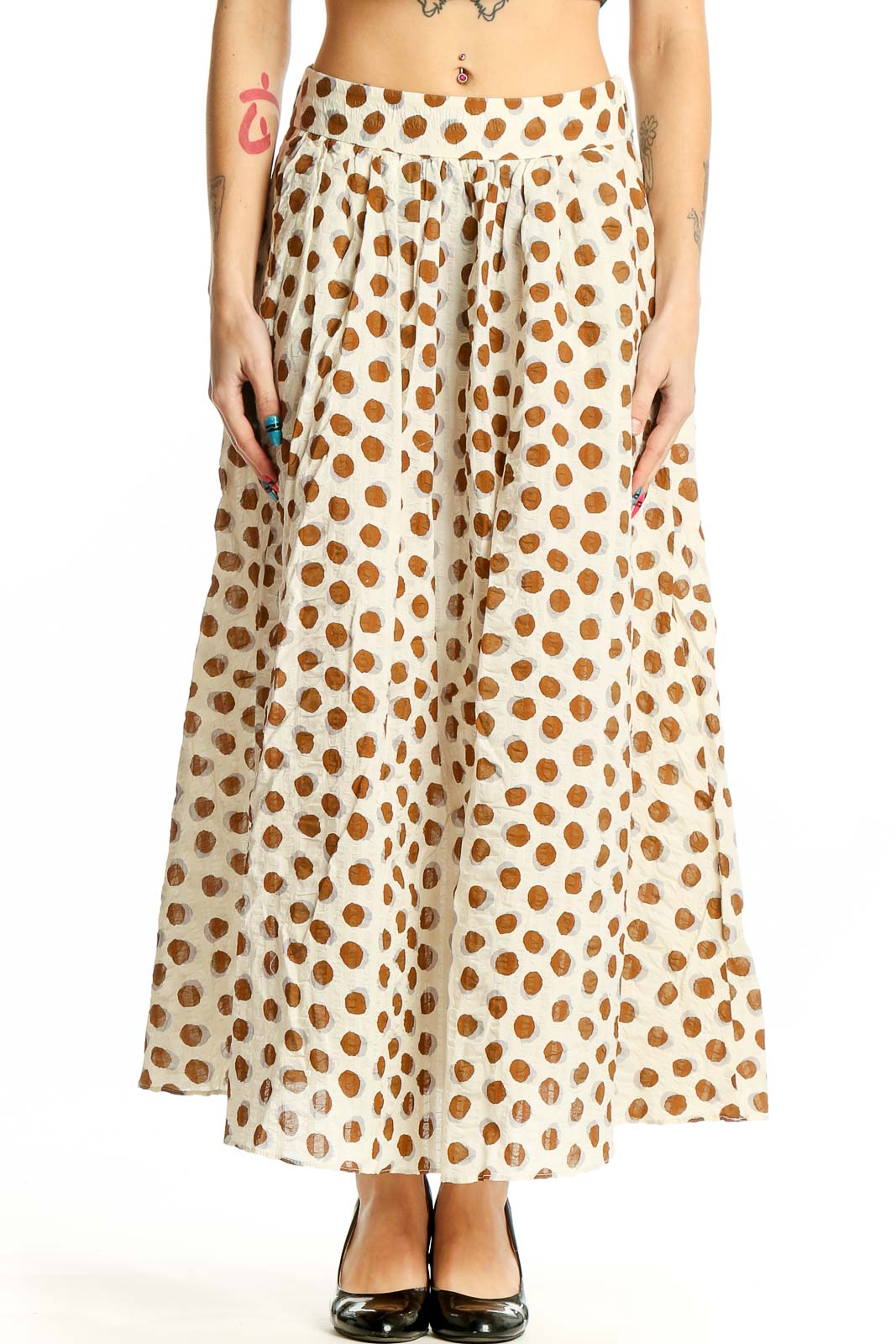 White and Brown Polka Dot Cotton Skirt Front