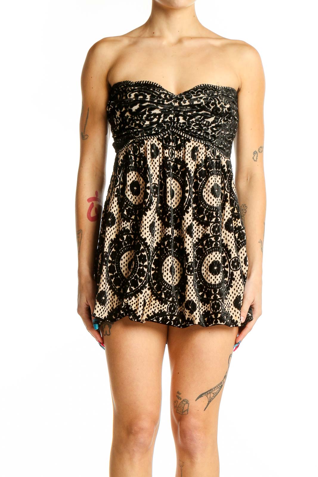 Black Lace Strapless Mini Dress Front
