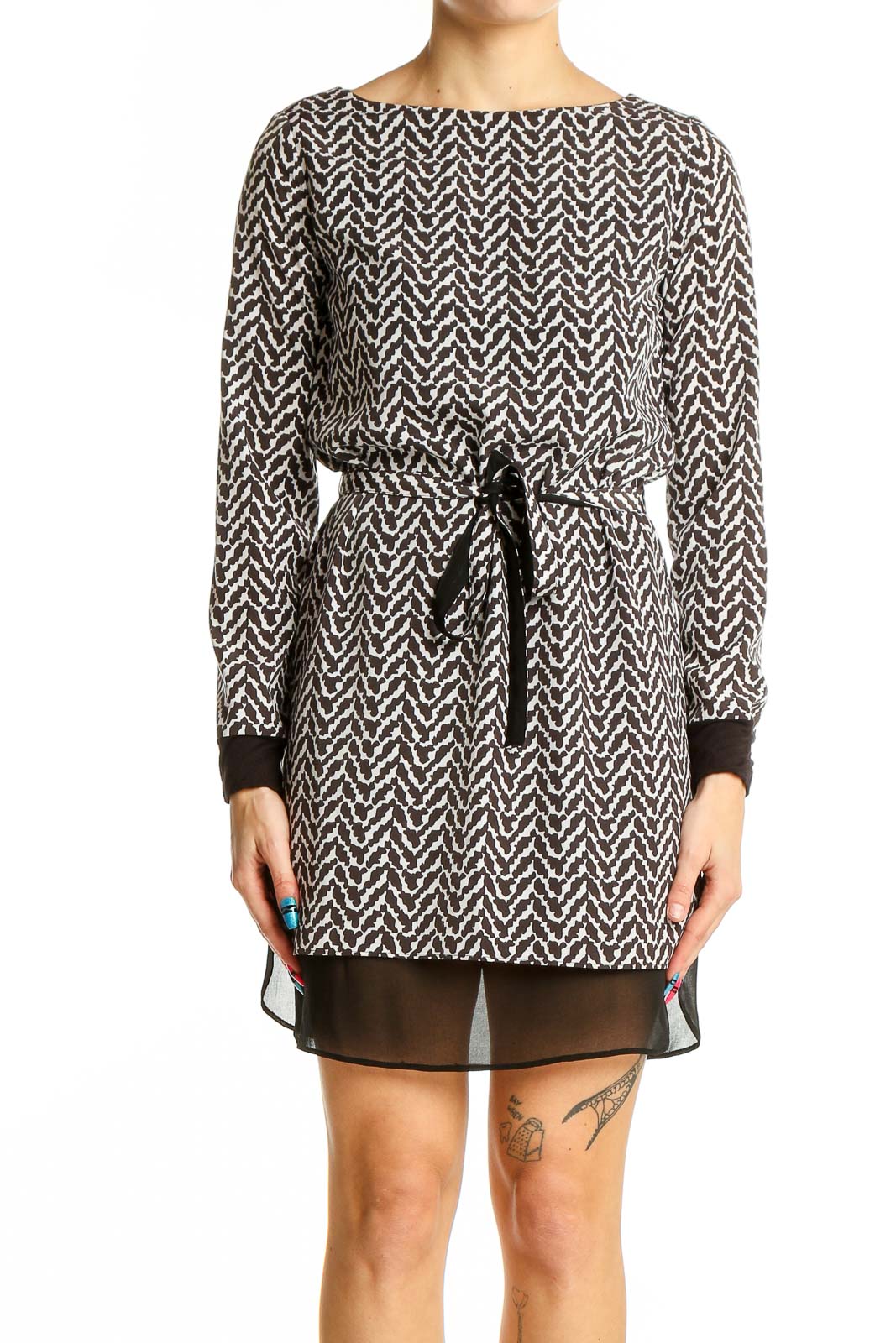 Black and White Chevron Print Mini Dress Front