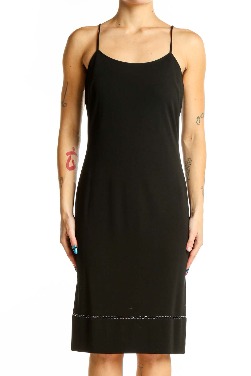 Black Sleek Spaghetti Strap Midi Dress Front