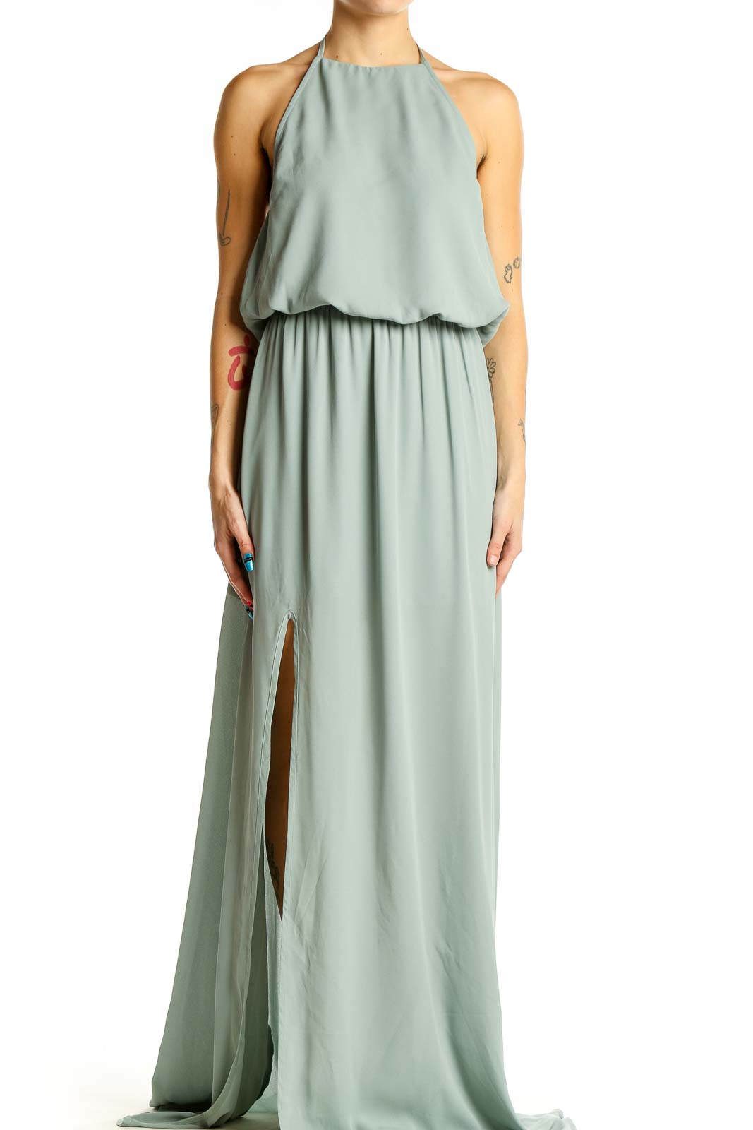 Sage Green Halter Neck Maxi Dress Front