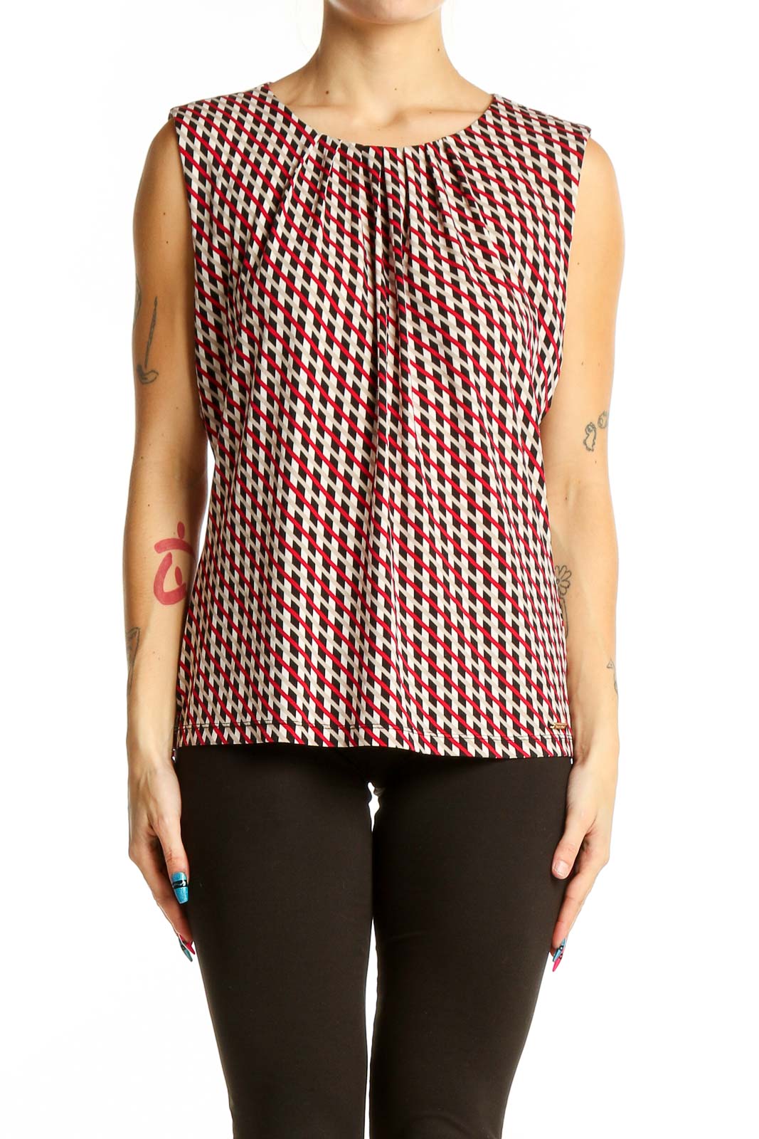 Red Geometric Print Sleeveless Top Front