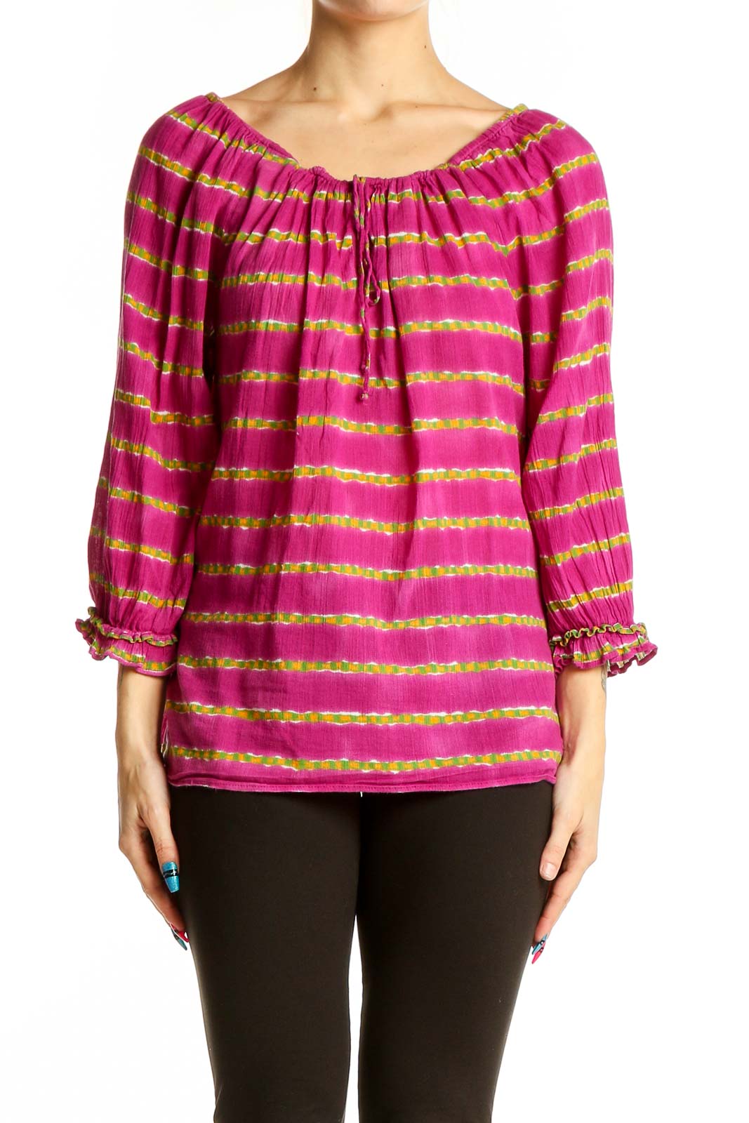 Pink Striped Cotton Peasant Top Front