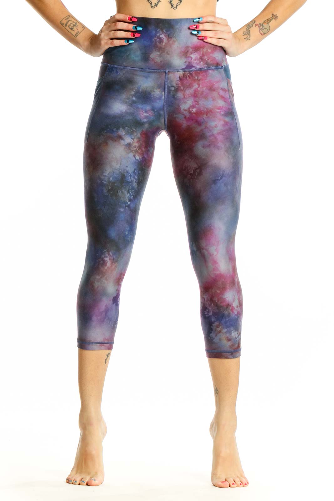 Blue and Pink Cosmic Tie-Dye Capri Leggings Front