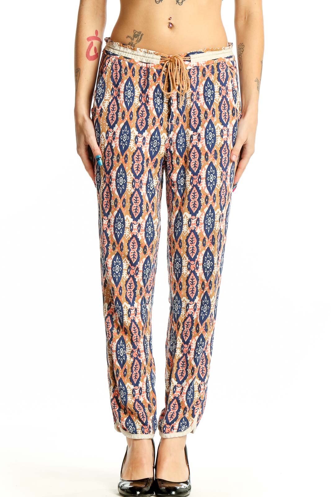 Multicolor Ikat Print Drawstring Pants Front