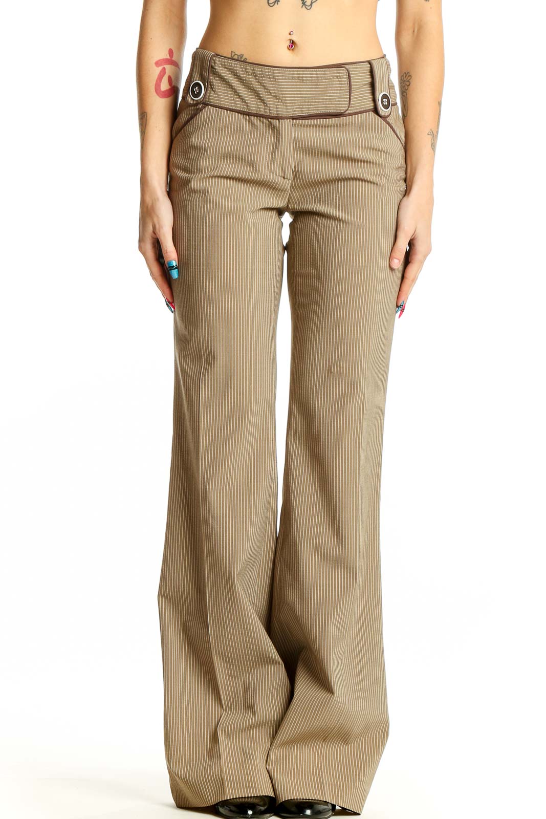 Tan Pinstriped Wide-Leg Trousers Front