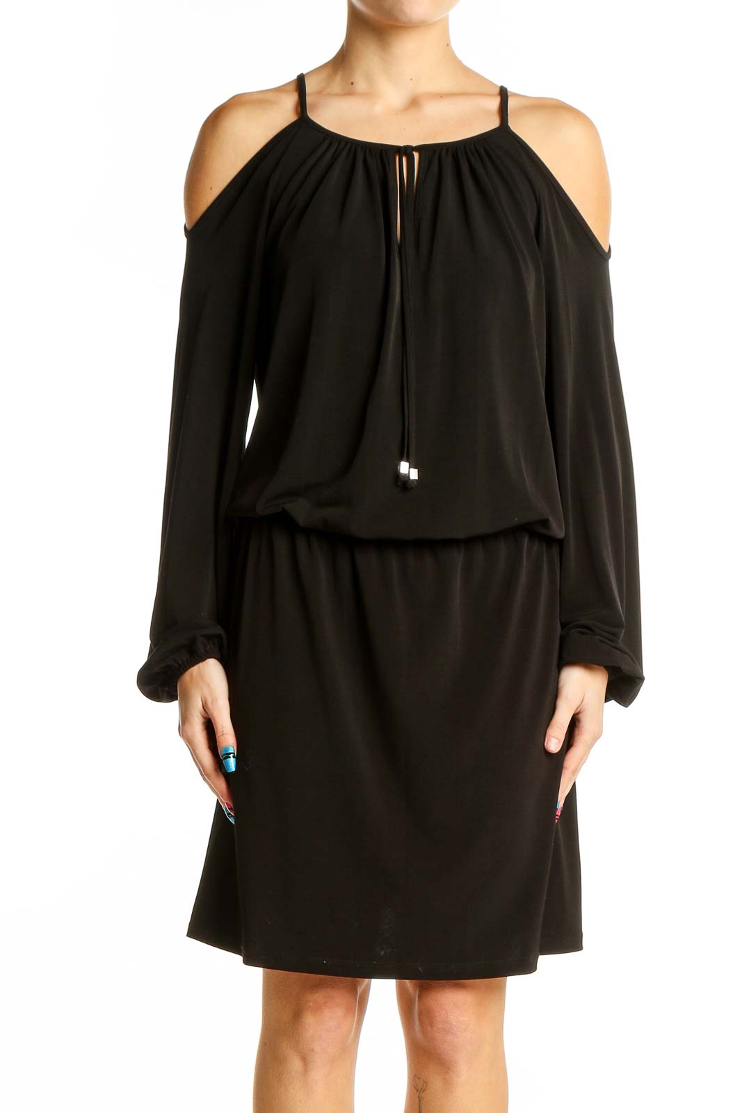 Black Cold Shoulder Blouson Dress Front