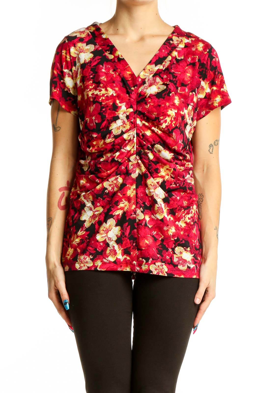 Red Floral Ruched V-Neck Top Front