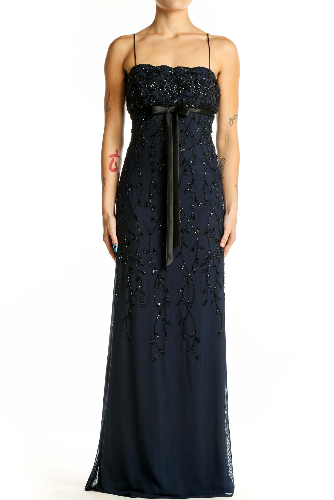 Navy Beaded Empire Waist Gown Front