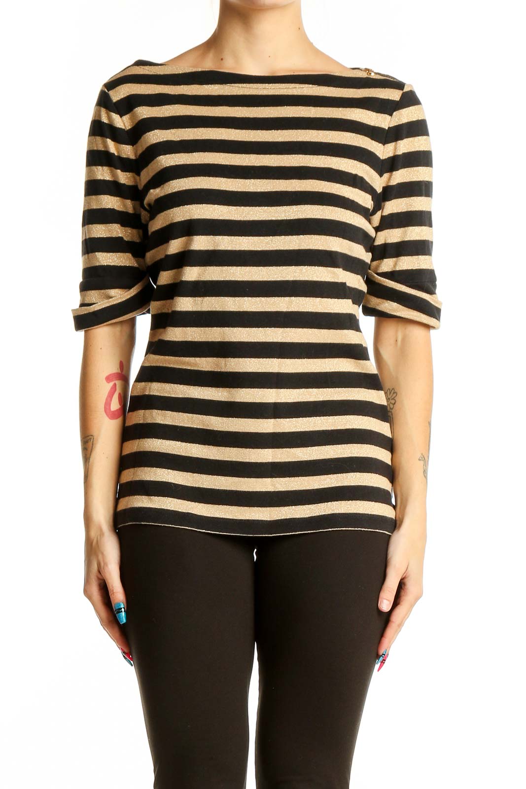 Black and Gold Striped Metallic Top Front