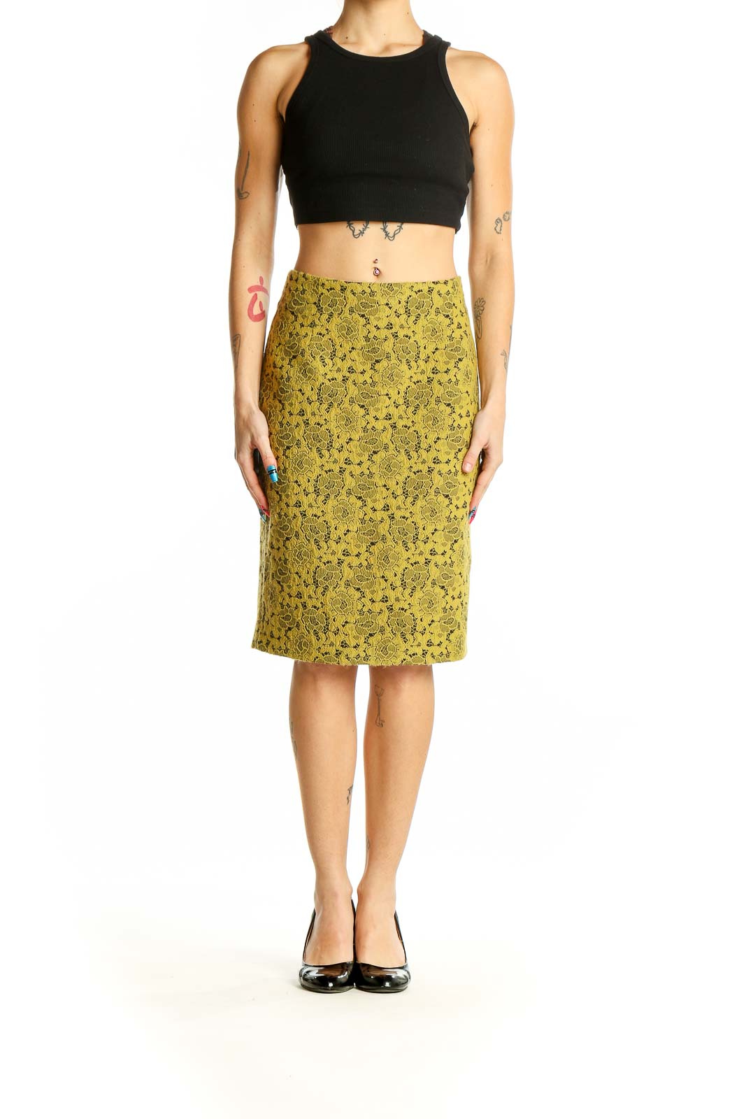 Yellow Floral Textured Pencil Skirt Front