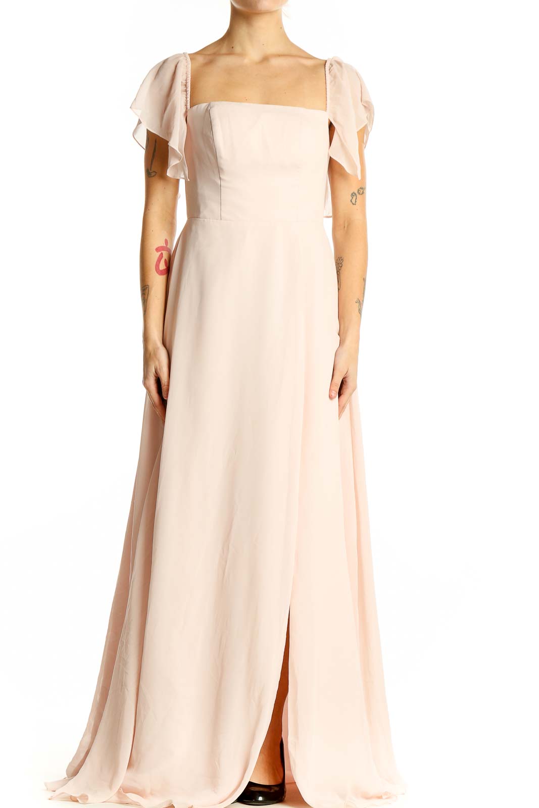 Blush Elegant Chiffon Maxi Dress with Flutter Sleeves Front