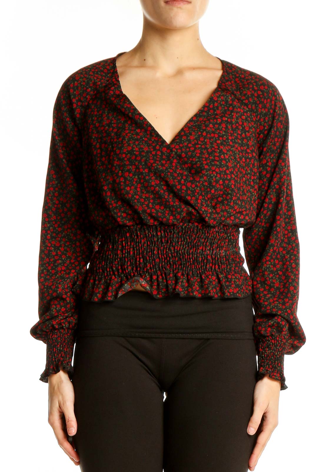 Red Floral Cropped Wrap Top Front