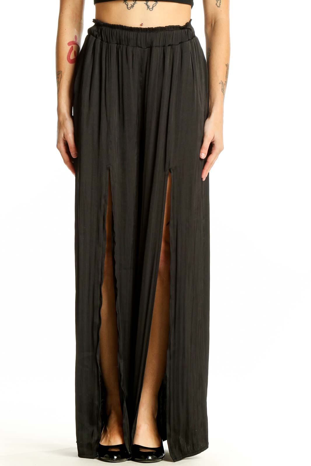 Black Flowy Wide-Leg Pants with Slits Front