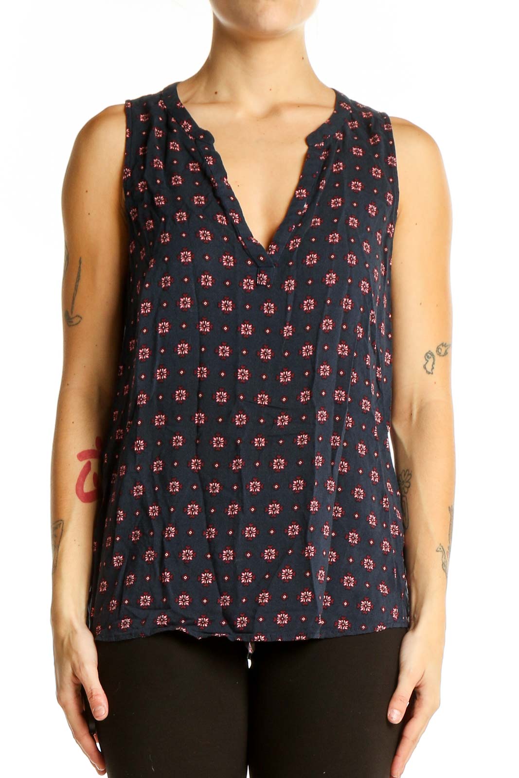 Navy Floral Print Sleeveless Blouse Front