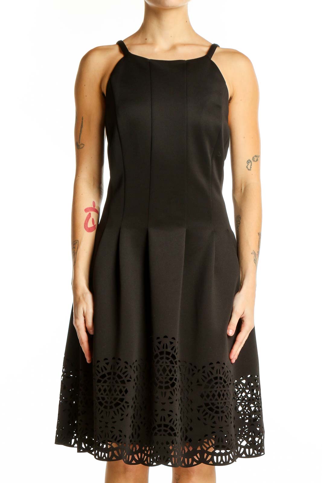 Black Laser-Cut Fit and Flare Dress Front