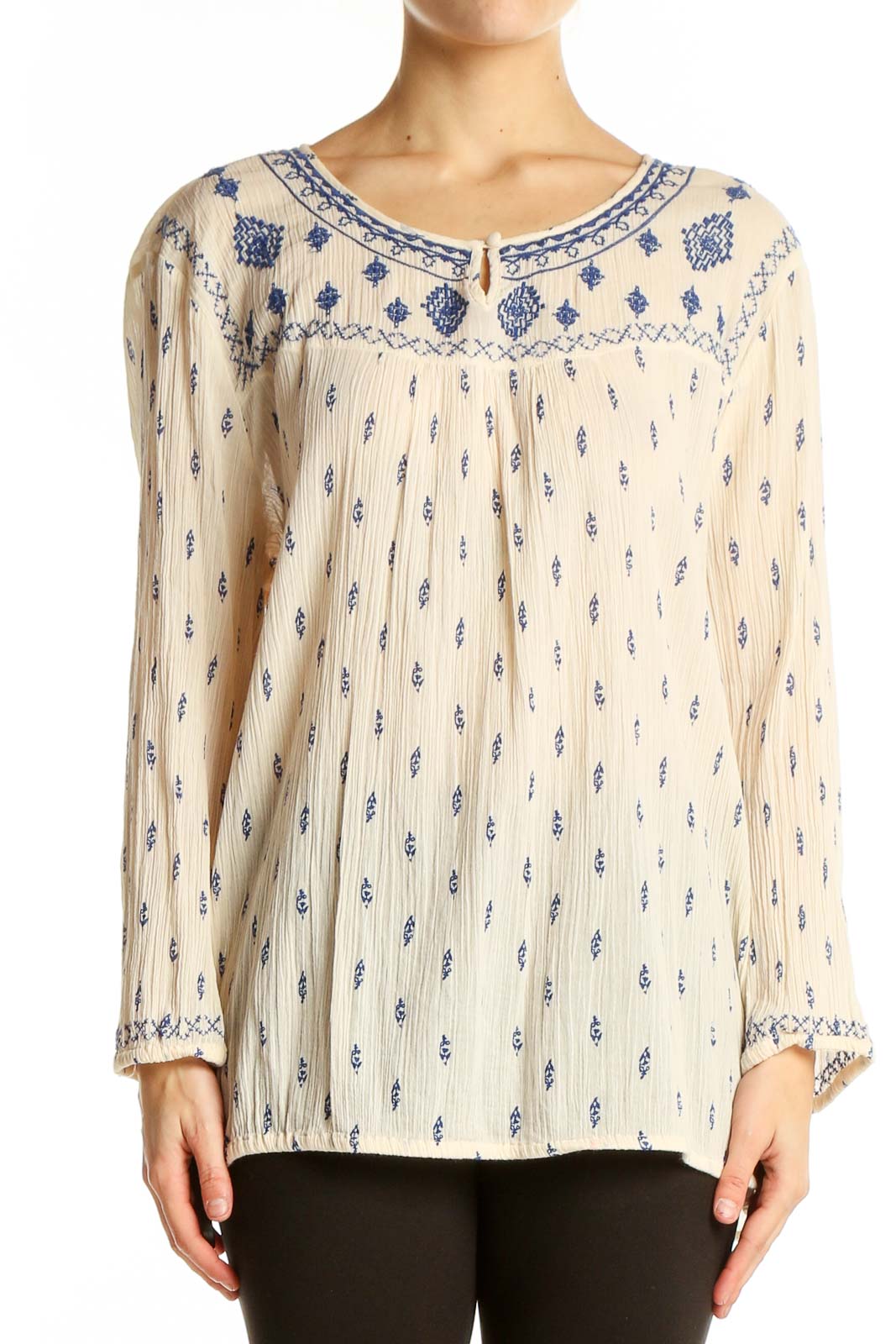 Cream Embroidered Cotton Peasant Top Front