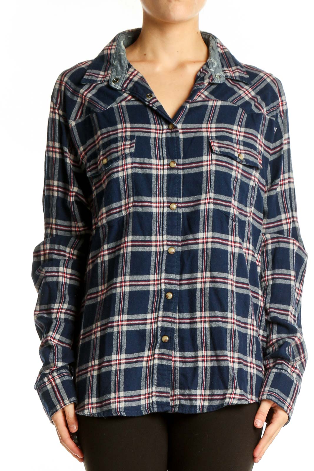 Navy Plaid Cotton Button-Up Shirt Front
