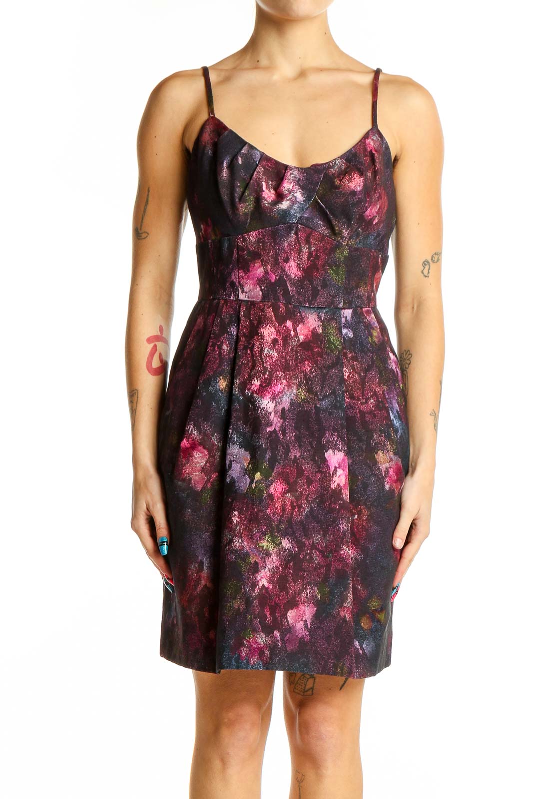Purple Floral Print Cocktail Dress Front