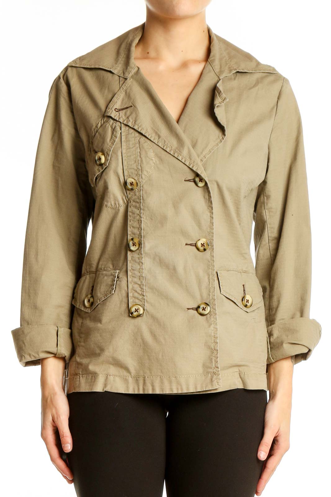 Khaki Double-Breasted Cotton Blend Jacket Front