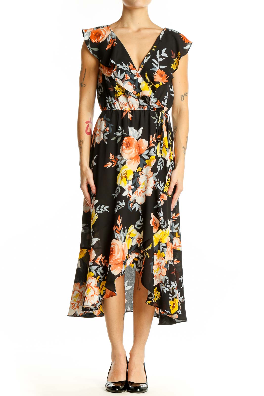 Black Floral Wrap Midi Dress Front